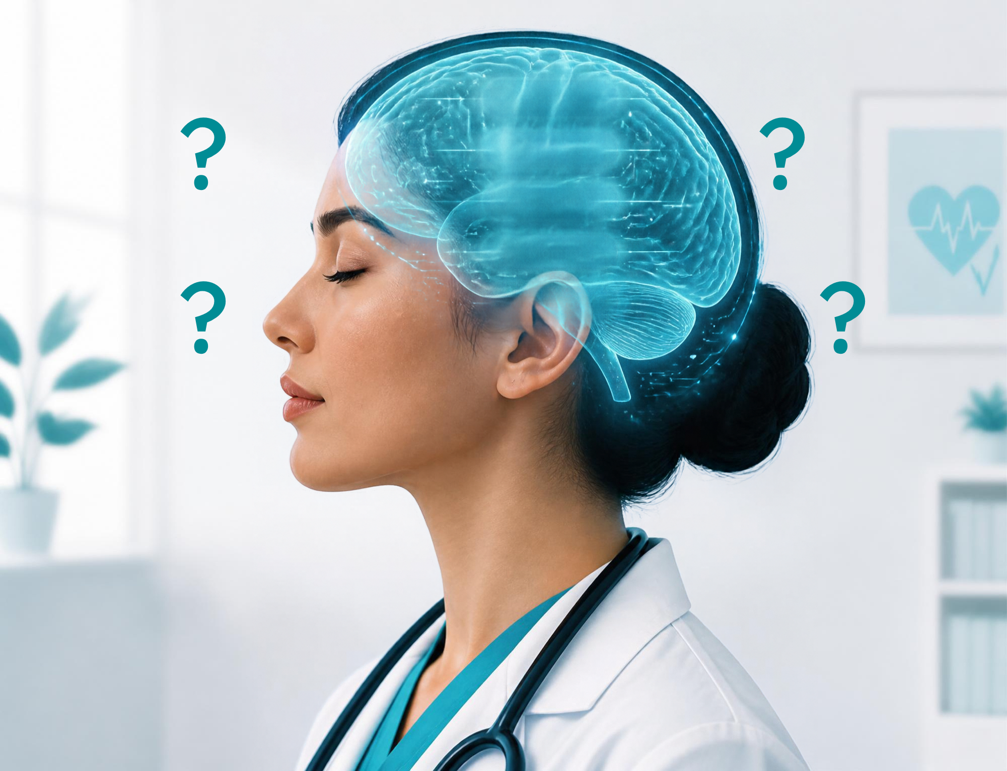 doctor with a brain posing questions